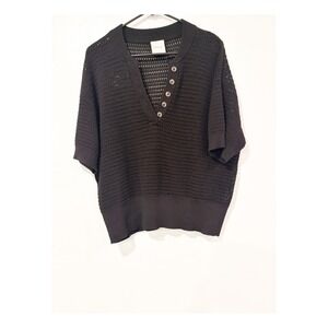 Varley Black Cotton Crochet Knit Henley Top Short Sleeve Mesh Sweater Medium